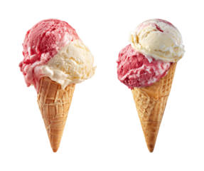 Refreshing strawberry and vanilla swirl ice cream cones, studio shot, vibrant, creamy, sweet, dessert, summer treat, perfect for food advertising and website graphics PNG set with transparent backg...
