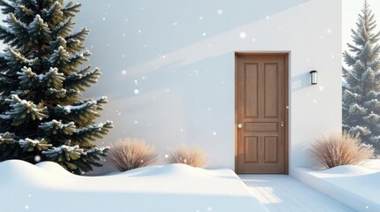 Winter wonderland entrance to a modern home with snowy evergreen trees and a wooden door