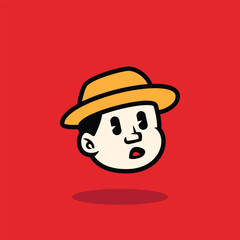 Cartoon face of a surprised boy wearing a yellow hat and open mouth expression. Bold flat vector illustration on red background. Perfect for mascot, emoji, or comic character design