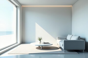 Fototapeta premium Serene Minimalist Living Room with Ocean View and Sunlight Accentuating the Space