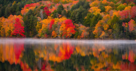 Obraz premium Colorful Autumn Forest Reflected on Calm Water Surface