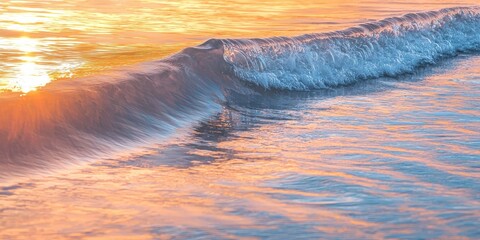 A wave crashing onto the shore at sunset, with the sun setting in the background.