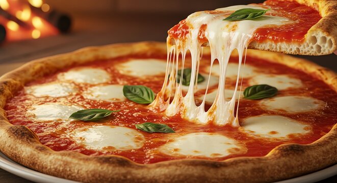 Pizza with melting cheese and basil leaves