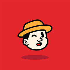 Cartoon face of a surprised boy wearing a yellow hat and open mouth expression. Bold flat vector illustration on red background. Perfect for mascot, emoji, or comic character design