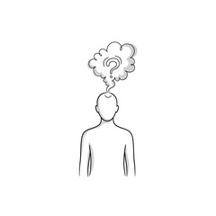 Vector art of silhouette of a person with a question mark in a thought bubble above their head, symbolizing confusion or a dilemma, , conceptual illustration