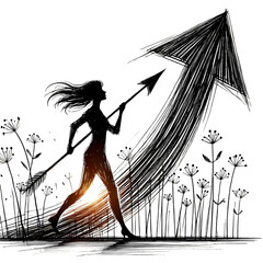 Silhouette of a person with an arrow symbolizing growth and success in a sketch style on a white background