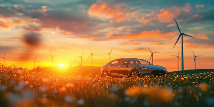A Tesla Model X electric SUV parked in a field of dandelions at sunset with wind turbines in the background.