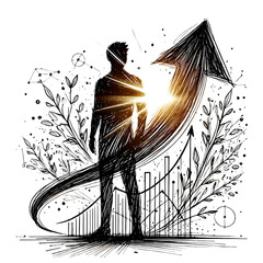 Silhouette of a person with an arrow symbolizing growth and success in a sketch style on a white background