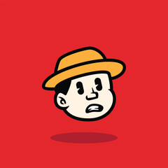 Cartoon face of a surprised boy wearing a yellow hat and open mouth expression. Bold flat vector illustration on red background. Perfect for mascot, emoji, or comic character design