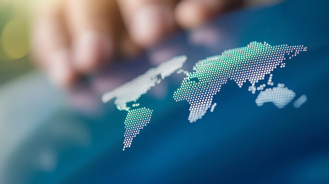 A close-up view of a digital world map displayed on a touchscreen, symbolizing global connectivity and innovation. - Powered by Adobe