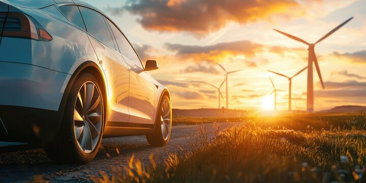 A white Tesla Model X SUV driving on a road with wind turbines in the background, illuminated by a golden sunset.