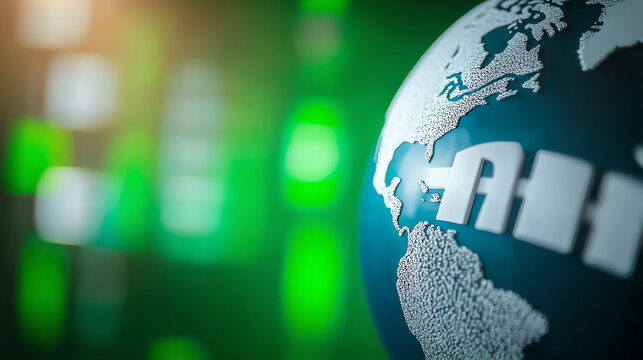 A close-up view of a globe highlighting North America with a blurred green background representing digital innovation and global connectivity.