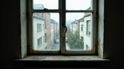 Fototapeta premium A weathered windowsill reveals a view of a quiet street, lined with aged buildings, seen through a dusty, multi-paned window with a worn, metallic handle.