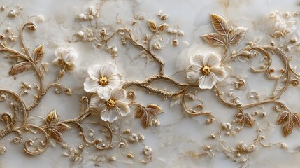 A luxurious marble wall with intricate floral and leaf designs, adorned with pearls and gold accents, creating a luxurious and elegant setting.