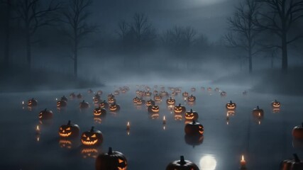 Eerie Halloween night with glowing jack-o'-lanterns floating on misty water, perfect for spooky season event promotions and chilling holiday campaigns
