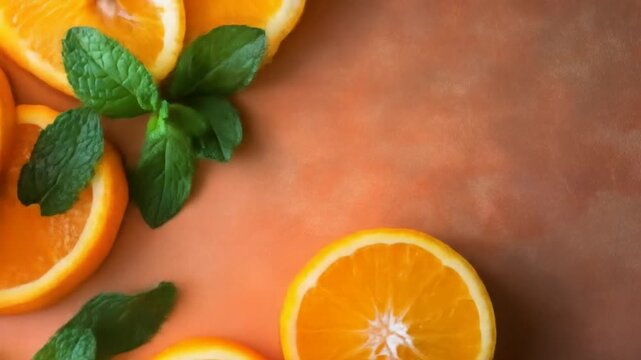 Fresh orange slices with mint leaves arranged on a wooden surface