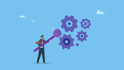 Businessman holding wrench to adjust gear cogwheels setting. Adjustment and optimization for business improvement, change or fine tune for smooth ride, repair and maintenance service.