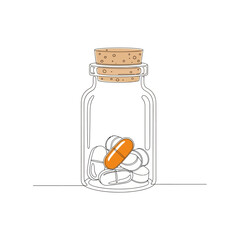 Vector art of a clear glass bottle with a cork stopper, filled with various pills and a single orange capsule