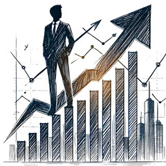 Silhouette of a person with an arrow symbolizing growth and success in a sketch style on a white background