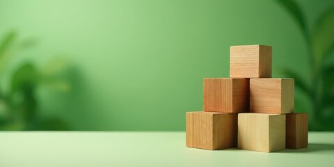 Obraz premium A Stack of Unfinished Wooden Cubes Against a Verdant Background, Representing Growth and Potential