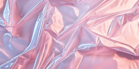A crumpled, pastel pink plastic bag with a shiny, metallic sheen, lying on a smooth, reflective surface with a soft, blurred background.