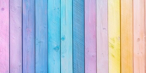 A colorful wooden fence with pastel colors, featuring a rainbow of hues including blue, pink, yellow, and green, set against a white background.