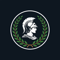 Ancient roman soldier bust profile within a laurel wreath circle emblem on dark background