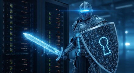 Cyber Security Knight Protecting Data Servers with Digital Sword and Shield Symbolizing Network Defense