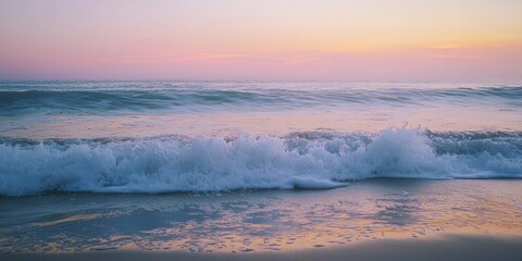 A serene beach scene with gentle waves crashing onto the shore, a calm ocean, and a soft, pastel sky.