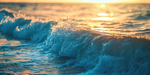 A wave crashing against the shore at sunset, with a golden hue and a splash of water.