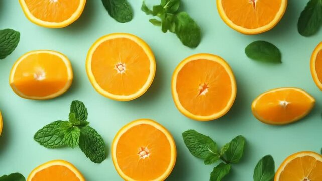 Fresh oranges and mint leaves pattern against a light green background