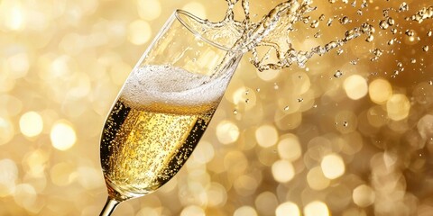 A champagne flute filled with champagne, with a splash of champagne in the air, against a golden background with bokeh effects.