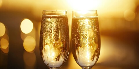 Two champagne glasses filled with champagne, standing on a table with a blurred background of a sunset.