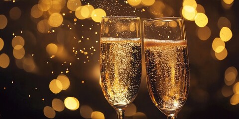 Two champagne glasses filled with champagne, with bubbles rising, against a bokeh background of golden lights.