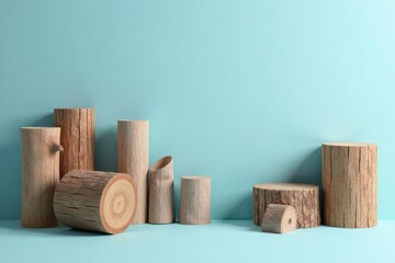 Rustic Wooden Cylinders and Slices Arranged on a Light Blue Background, Ideal for Product Display or Minimalist Design Composition