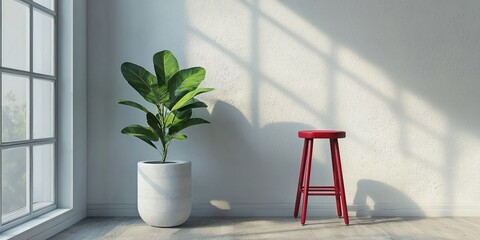 A minimalist room with a large window, a red stool, and a potted plant on a white wall.