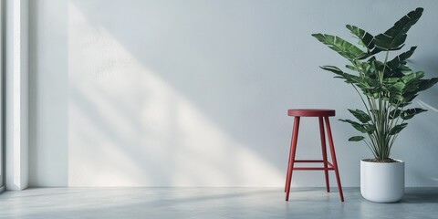 A minimalist white room with a red stool and a large green plant on a white pot, casting shadows on the wall.