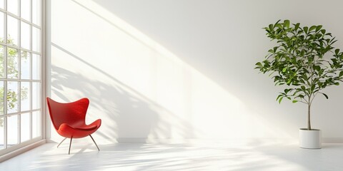 A minimalist white room with a red armchair and a potted plant, illuminated by natural light from a window.