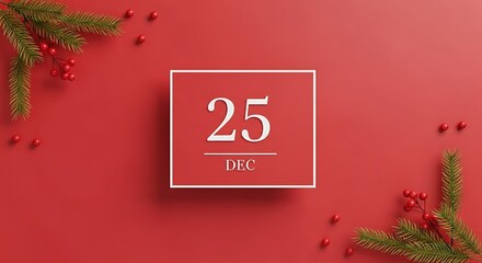 A festive red background with a calendar displaying December 25th, adorned with pine branches and berries.