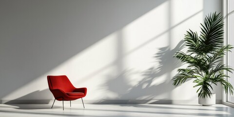 A minimalist interior with a red armchair and a large potted plant, illuminated by natural light from a window, creating a serene and modern atmosphere.