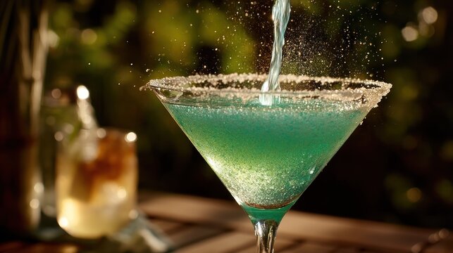 A vibrant green cocktail with a sugar rim, being poured into a martini glass with a clear liquid inside, set against a blurred green background with a hint of foliage.