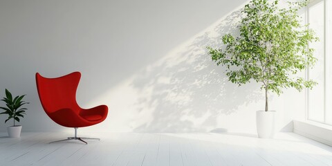 A minimalist white room with a red chair and a potted plant, illuminated by natural light from a large window.