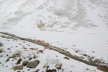 Changla Pass, one of the highest motorable roads in the world, at 5,275 meters above sea level, travels between Leh Ladakh and Pangong Lake. Located at Leh in India.