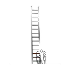 Vector art of three stylized figures standing at the bottom of a tall ladder, representing ambition, opportunity, and the journey to success