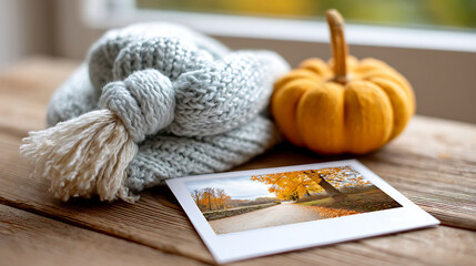 A seasonal greeting card featuring a picturesque autumn landscape with falling leaves and warm earthy tones, placed next to a pumpkin and a knitted scarf