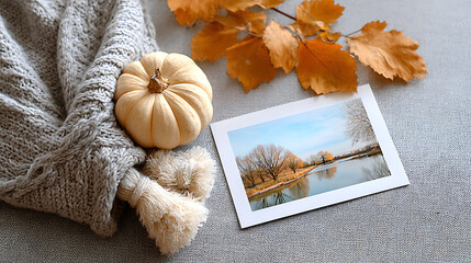 A seasonal greeting card featuring a picturesque autumn landscape with falling leaves and warm earthy tones, placed next to a pumpkin and a knitted scarf