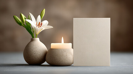 A minimalistic sympathy blank greeting card placed a lit candle and a white lily symbolizing peace and remembrance