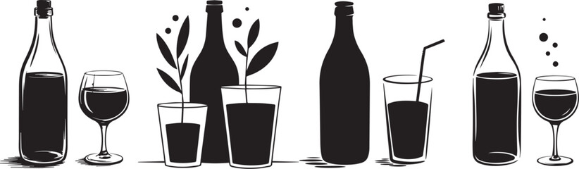 Elegant drink and bottle silhouettes with wine glasses, soda bottles, and cocktail cups, ideal for restaurant menus, beverage branding, bar posters, cafe illustrations, and modern drink design project