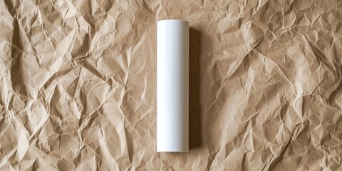 A white cylinder on a crumpled brown paper background with a white background.