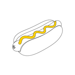 Vector art of a simple line drawing of a hot dog with mustard in a bun, isolated on a, representing a classic fast food item, perfect for culinary or graphic design projects
